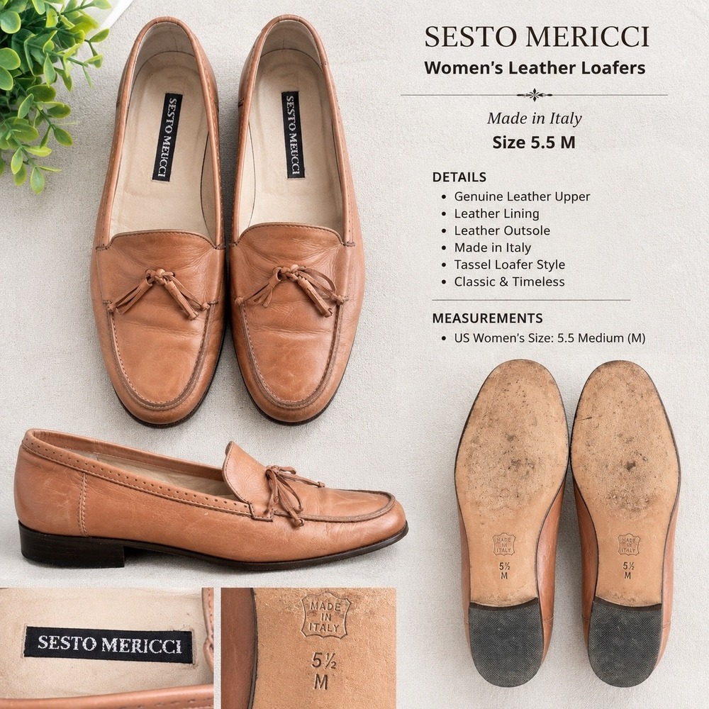 Sesto Meucci Leather Loafers Women 5.5 Tan Good Tassel Made in Italy Brogue